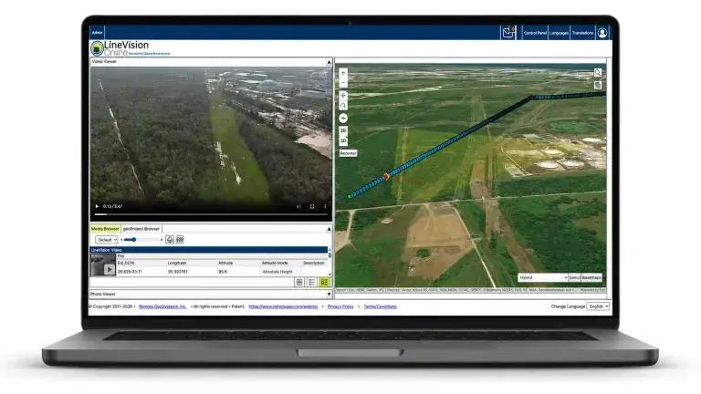 LineVision Online Screenshot on a Laptop Showing Pipeline Patrol Drone Video on 3D Map.